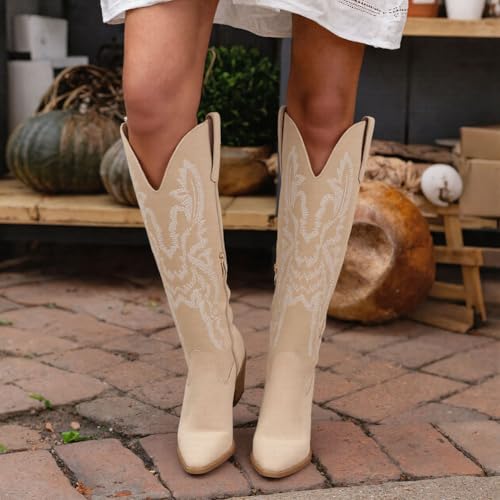 Knee High Boots Women Cowgirl Cowboy Western Fall Chunky Block High Heel Tall Long Fashion Boot Side Zipper