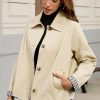 Womens Cropped Trench Coat Single Breasted Classic Lapel Overcoat Plaid Lined Oversized Outerwear