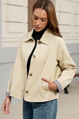 Womens Cropped Trench Coat Single Breasted Classic Lapel Overcoat Plaid Lined Oversized Outerwear