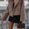 Women Crop Pea Coat Wool Blend Office Work Lapel Collar Short Winter Jacket Trench Coat
