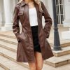 Women's Mid Length Faux PU Leather Trench Coat Long Sleeve Zip Up Lapel Long Jacket Overcoat with Belt