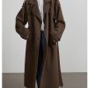 Women's Winter Double Breasted Long Coat Notch Lapel Long Sleeve Wool Blend Trench Coat with Belt