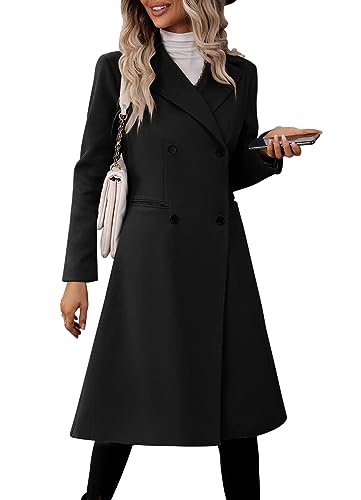 Womens Long Double Breasted Coats Lapel Collar Pea Coat Winter Slim Fit Jackets Trench Coat Outwear