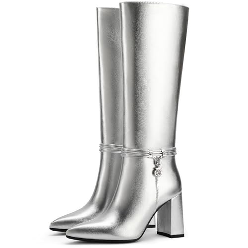 Knee High Boots for Women Chunky Block Heel Tall Boots Pointed Toe Side Zipper Fashion Dress Long Boots