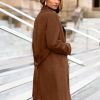 Womens Long Trench Coat Fall Winter Double Breasted Classic Lapel Slim Work Office Suede Overcoat with Belt