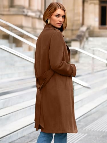 Womens Long Trench Coat Fall Winter Double Breasted Classic Lapel Slim Work Office Suede Overcoat with Belt