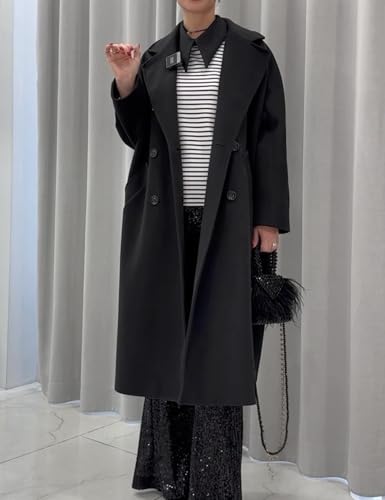 Women's Notched Collar Wool Blend Pea Coat Winter Double Breasted Trench Coat Long Oversized Button Down Overcoats
