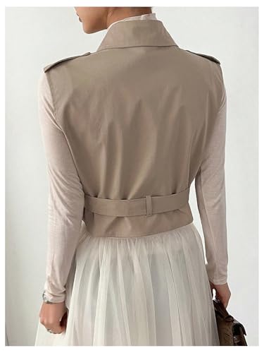 Women's Sleeveless Cropped Trench Coat with Belted Lapel Collar Vest Coat