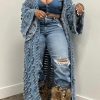 Women's Oversized Ripped Denim Long Cardigan Distressed Hollow Open Front Kimono Robe Duster Jean Jacket Coat