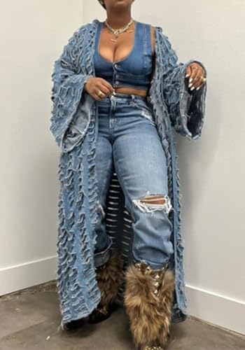 Women's Oversized Ripped Denim Long Cardigan Distressed Hollow Open Front Kimono Robe Duster Jean Jacket Coat
