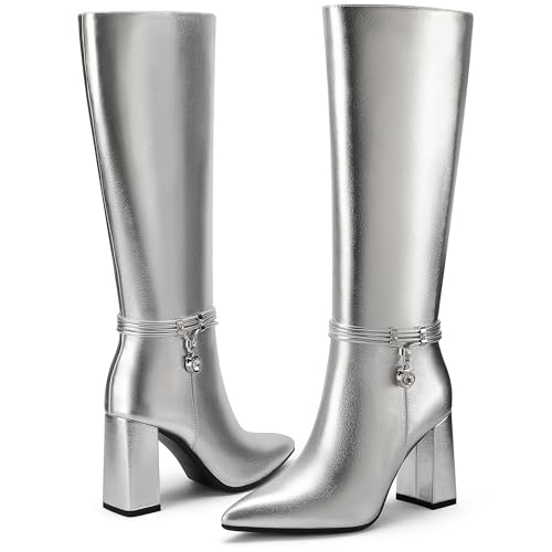 Knee High Boots for Women Chunky Block Heel Tall Boots Pointed Toe Side Zipper Fashion Dress Long Boots