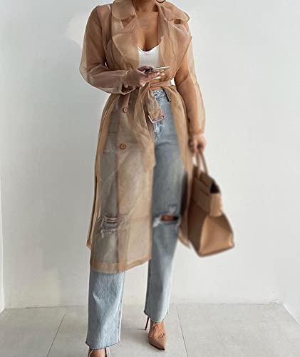 Women's Sheer Mesh Long Sleeve Jacket Summer See Through Belted Button Down Lightweight Cardigan