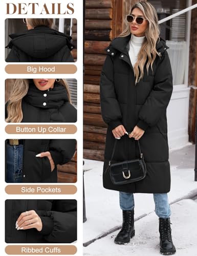 Women's Long Quilted Jacket Coat Winter Thicken Warm Puffer Jacket Fashion Hooded Zip Up Parka Outerwear with Pockets