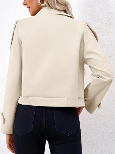 Womens Lapel Trench Coat Double Breasted Cropped Jacket Casual Outwear with Belt
