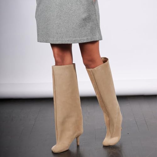 Women's Knee High Boots Nude Suede Wide Calf Stiletto Long Boots Pull On High Heel Riding Boots Fahion Dress Fall Tall Boots