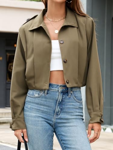 Women's Cropped Trench Coat Casual Long Sleeve Button Down Lapel Short Pleated Jacket Fall Fashion Outerwear