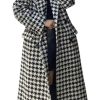Women's Houndstooth Wool Trench Coat Notch Lapel Maxi Long Overcoat Double Breasted Peacoat