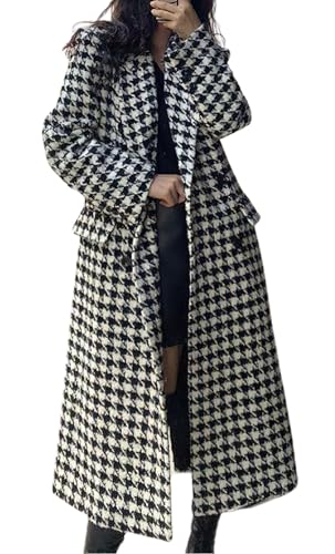 Women's Houndstooth Wool Trench Coat Notch Lapel Maxi Long Overcoat Double Breasted Peacoat