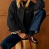 Womens Cropped Trench Coat Classic Collar Oversized Casual Jackets with Checkered Lining (Black-L)