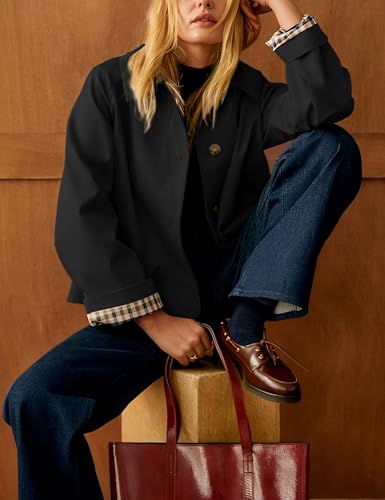 Womens Cropped Trench Coat Classic Collar Oversized Casual Jackets with Checkered Lining (Black-L)