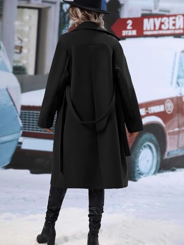 Womens Long Wool Pea Coat Notched Lapel Double Breasted Trench Coat Winter Warm Overcoat with Belt