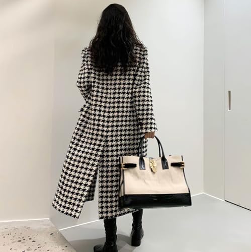 Women's Houndstooth Wool Trench Coat Notch Lapel Maxi Long Overcoat Double Breasted Peacoat