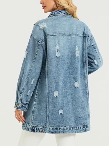 Long Denim Jacket Women Oversized Distressed Midi Jean Jackets Fall Loose Trench Coat Trendy