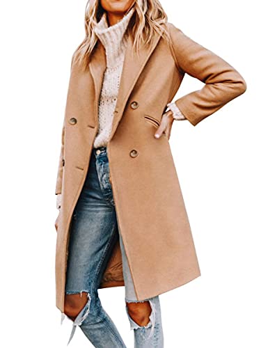 Womens Notched Lapel Collar Double Breasted Pea Coat Winter Wool Blend Over Coats Long Jackets