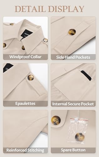 Women's Cropped Trench Coat Classic Double Breasted Lapel Jacket Water Repellent Outerwear