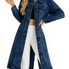 Women Denim Jacket Button Down Maxi Long Jean Trench Coat With Pocket