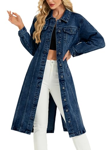 Women Denim Jacket Button Down Maxi Long Jean Trench Coat With Pocket