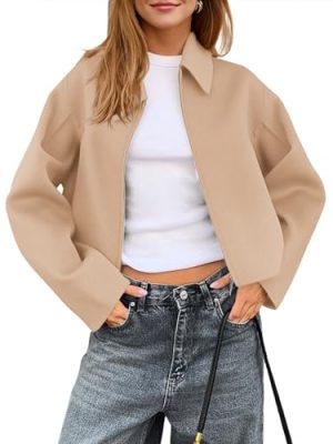 Womens Cropped Pea Coats Zip Up Short Casual Bomber Wool Blend Jackets Barn Fall Outerwear with Pockets