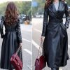 Women's Trench Coat Leather Lambskin Long Overcoat Jacket Real Genuine Black-Red For Women