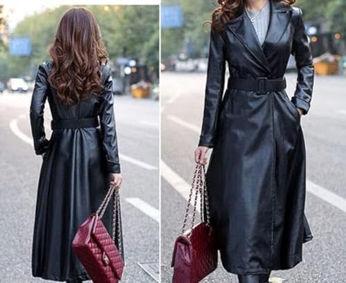 Women's Trench Coat Leather Lambskin Long Overcoat Jacket Real Genuine Black-Red For Women