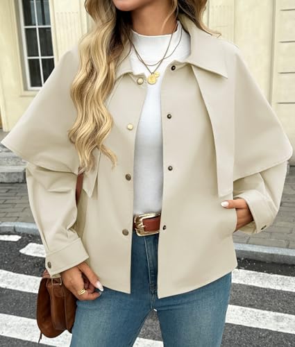 Womens Cropped Trench Coat Casual Lapel Single Breasted Cape Sleeve Short Jacket 2025 Fall Fashion Outerwear