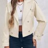 Womens Lapel Trench Coat Double Breasted Cropped Jacket Casual Outwear with Belt
