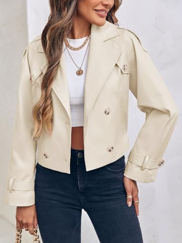 Womens Lapel Trench Coat Double Breasted Cropped Jacket Casual Outwear with Belt
