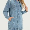 Long Denim Jacket Women Oversized Distressed Midi Jean Jackets Fall Loose Trench Coat Trendy