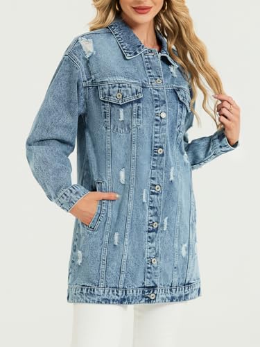 Long Denim Jacket Women Oversized Distressed Midi Jean Jackets Fall Loose Trench Coat Trendy