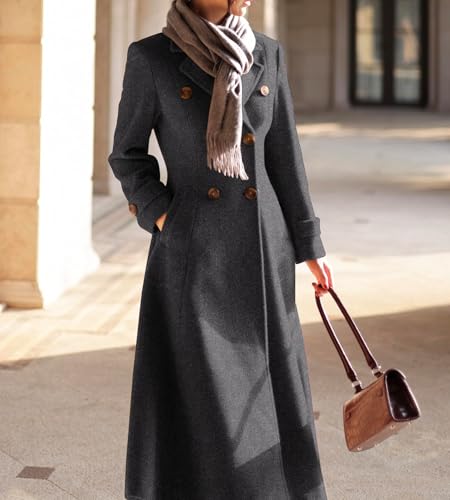 Womens Long Wool Coat Fall Winter Double Breasted Trench Coat Peacoat Jackets