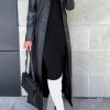 Womens Long Leather Jacket Long Sleeve Single Breasted Faux Leather Trench Coat Mid Length Motorcycle Coats