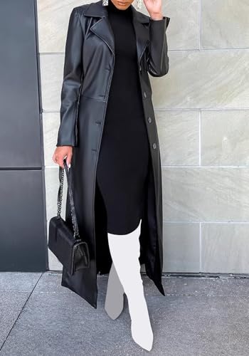 Womens Long Leather Jacket Long Sleeve Single Breasted Faux Leather Trench Coat Mid Length Motorcycle Coats