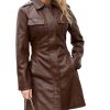 Women's Mid Length Faux PU Leather Trench Coat Long Sleeve Zip Up Lapel Long Jacket Overcoat with Belt