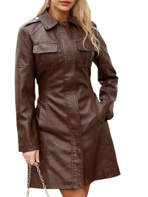 Women's Mid Length Faux PU Leather Trench Coat Long Sleeve Zip Up Lapel Long Jacket Overcoat with Belt