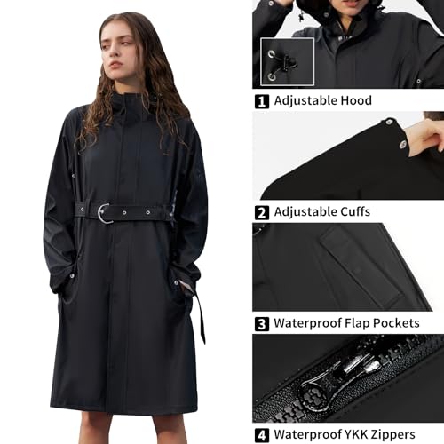 Women's Single Breasted Long Trench Coat Windproof Raincoat Outerwear Lightweight Windbreaker with Blet & Hood