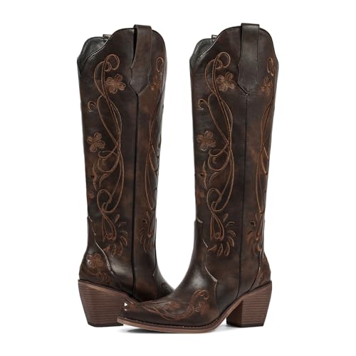 Cowboy Boots for Women Knee High Cowgirl Boots, Western Boots with Floral Embroidered Pointed Toe Chunky Heel Pull On Retro