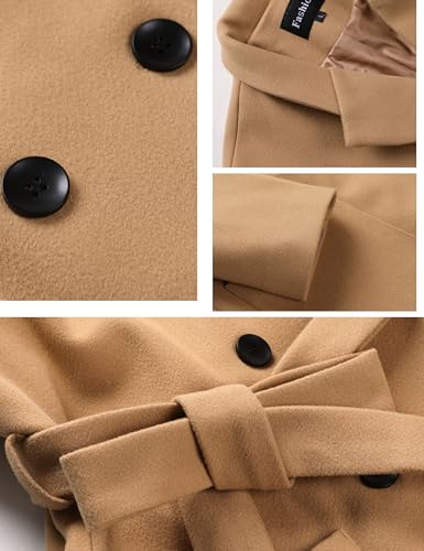 Women's Double Breasted Wool Blend Coat Winter Notched Lapel Belted Peacoat Mid Long Jacket