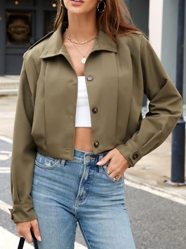 Women's Cropped Trench Coat Casual Long Sleeve Button Down Lapel Short Pleated Jacket Fall Fashion Outerwear