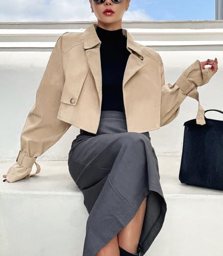 Women's Cropped Trench Coat Long Sleeve Casual Jacket Classic Double-Breasted Lapel Overcoat Fashion Outerwear