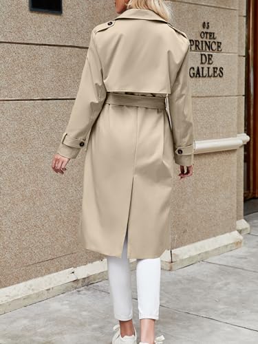 Women's Double Breasted Trench Coats Causal Windproof Long Lapel Pocketed Overcoat with Belt